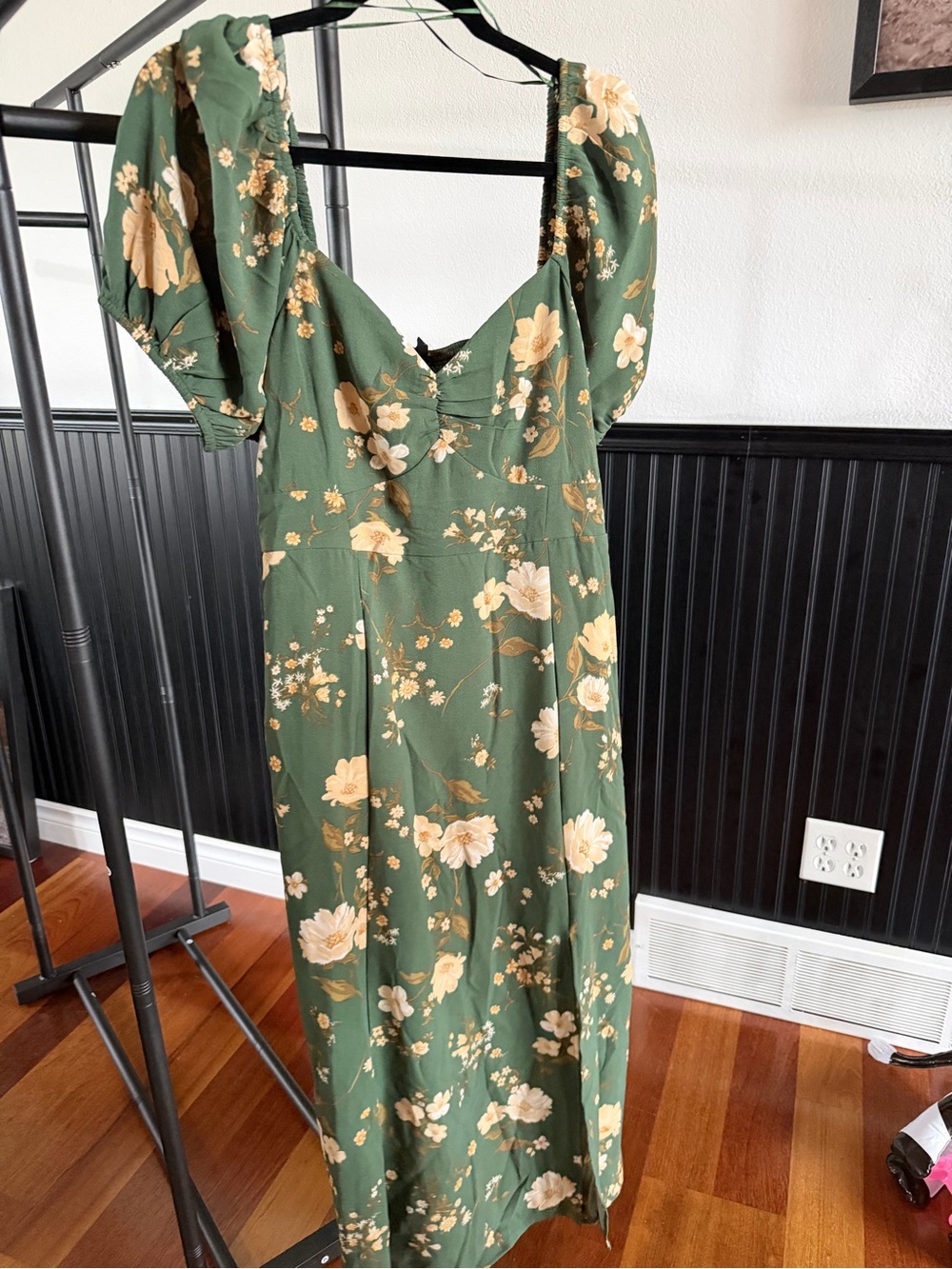 Blu Pepper Olive Green Floral Maxi Dress with Puff Sleeves